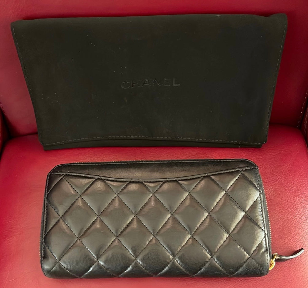 Chanel Quilted Matelasse CC Logo Black Lambskin Zip Around