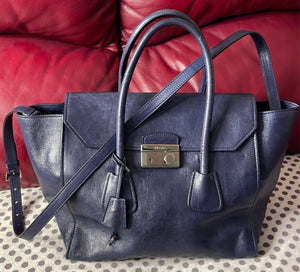 Prada Sound Lock Blue Navy Calf Leather Two Way Handbag with Shoulder Strap 25