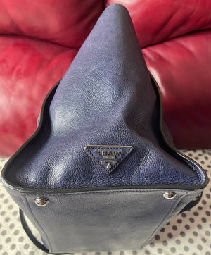 Prada Sound Lock Blue Navy Calf Leather Two Way Handbag with Shoulder Strap 25