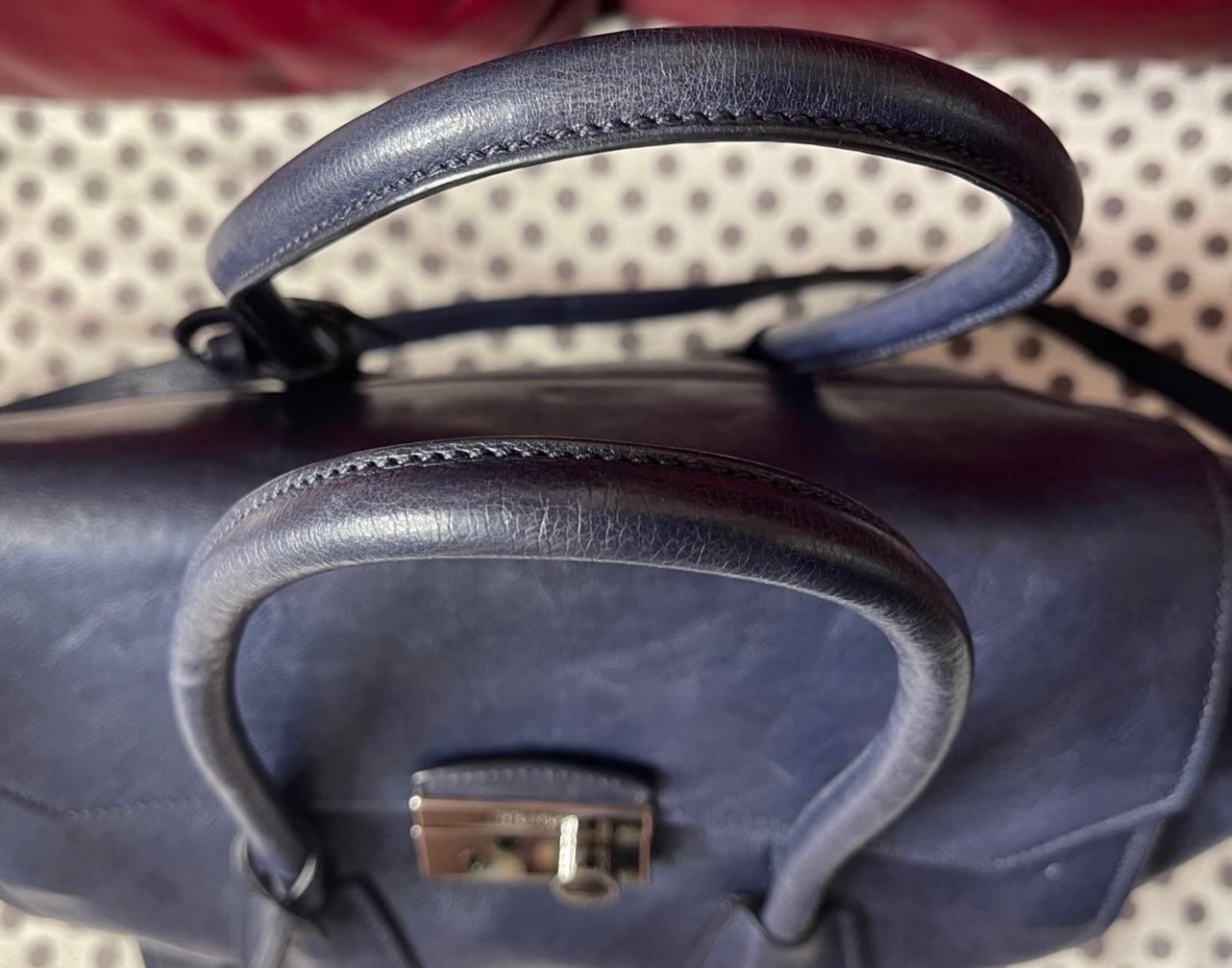 Prada Sound Lock Blue Navy Calf Leather Two Way Handbag with Shoulder Strap 25