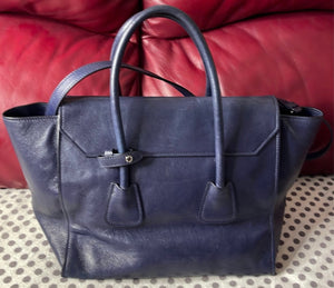 Prada Sound Lock Blue Navy Calf Leather Two Way Handbag with Shoulder Strap 25