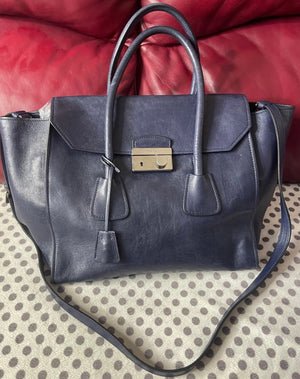 Prada Sound Lock Blue Navy Calf Leather Two Way Handbag with Shoulder Strap 25